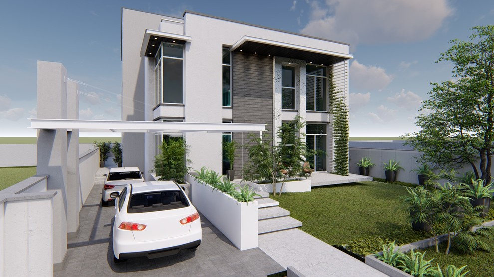 Ispirazione per la villa grande bianca moderna a due piani con rivestimento in cemento, tetto piano e copertura in tegole