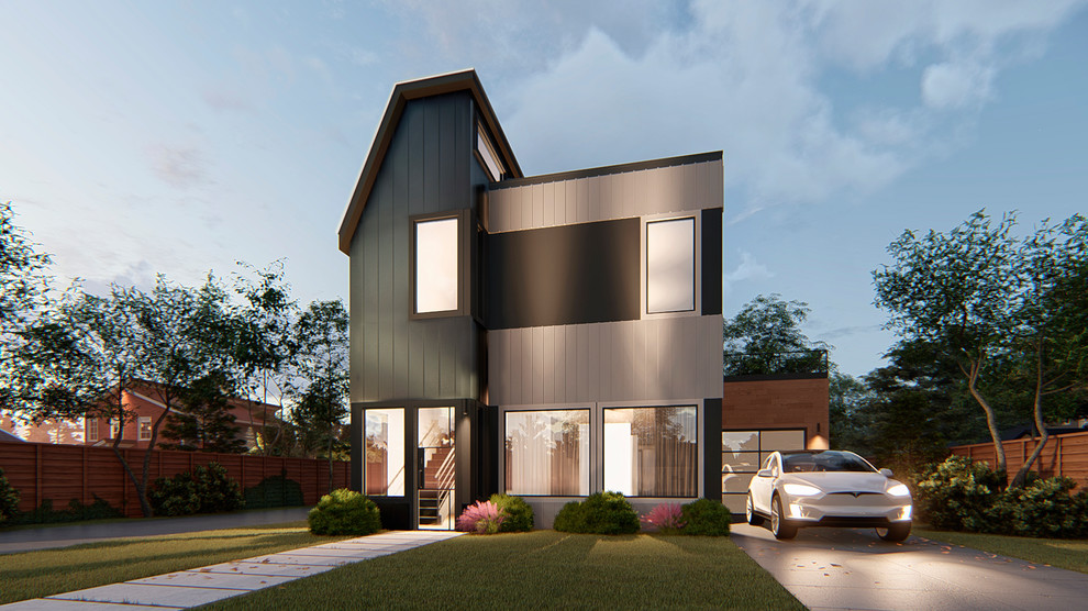 Kleines, Zweistöckiges Modernes Wohnung mit Faserzement-Fassade, bunter Fassadenfarbe, Flachdach und Blechdach in Austin