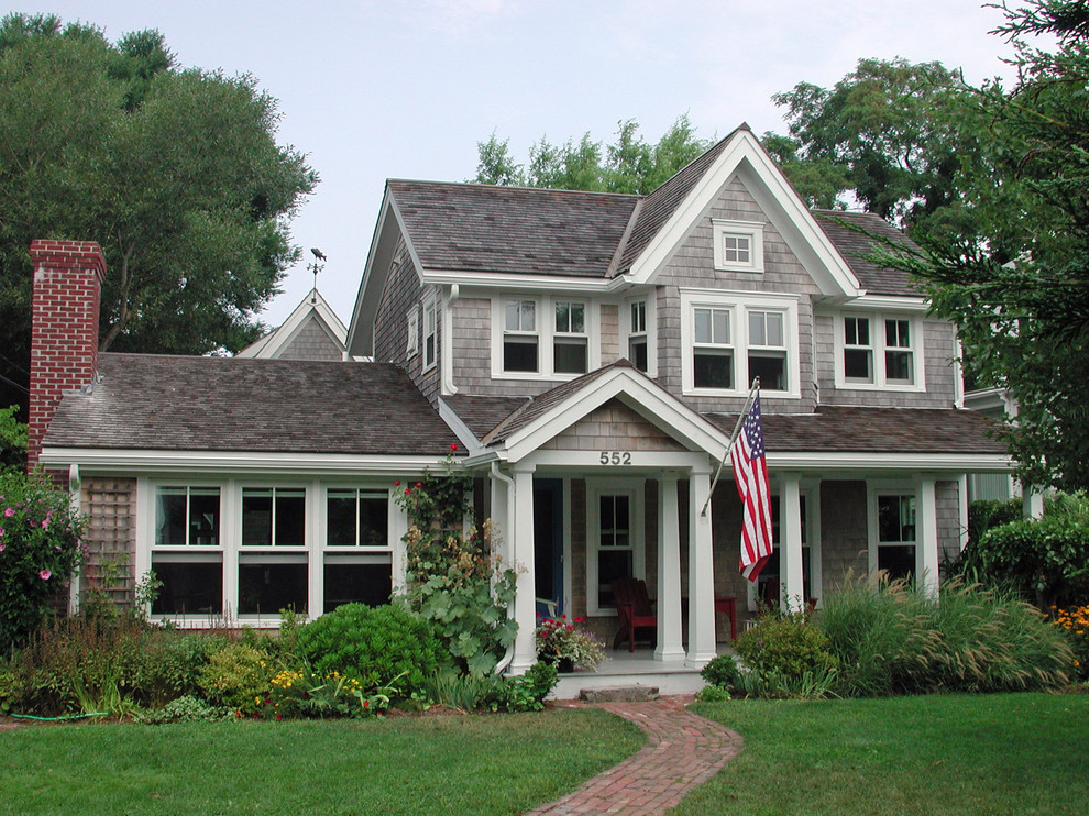 Mid-sized elegant two-story wood gable roof photo in Boston