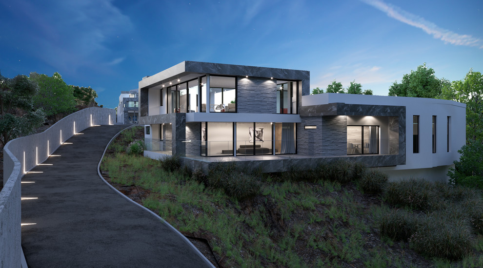 Idéer för ett mycket stort modernt grått hus, med platt tak och tak i metall