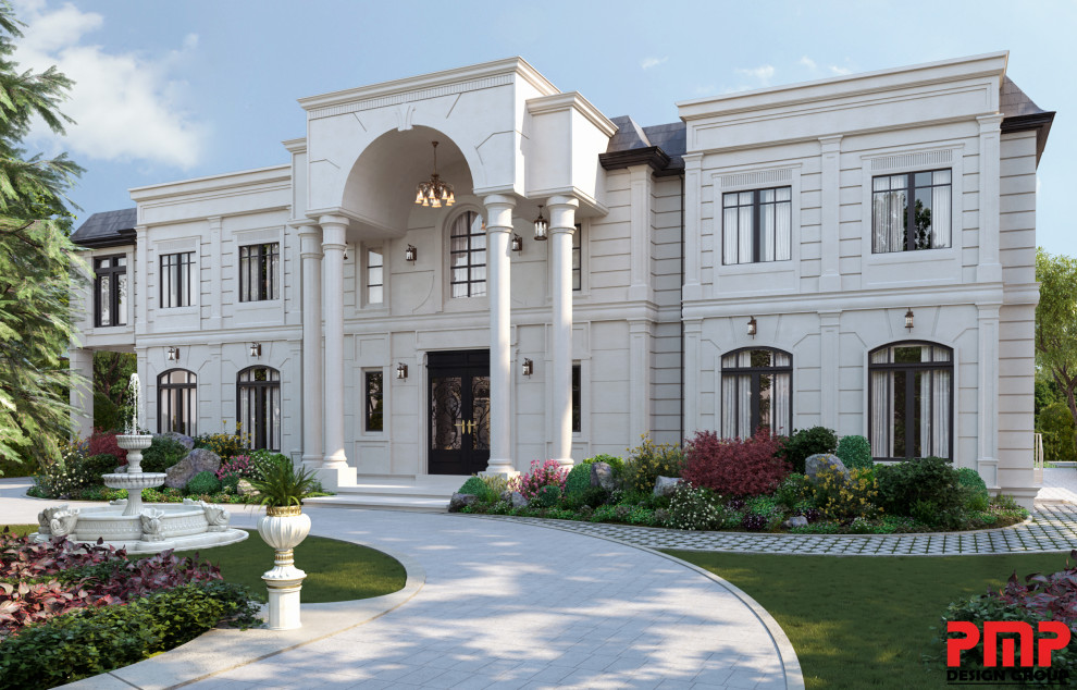 Inspiration pour une très grande façade de maison blanche victorienne en brique à un étage avec un toit plat et un toit mixte.