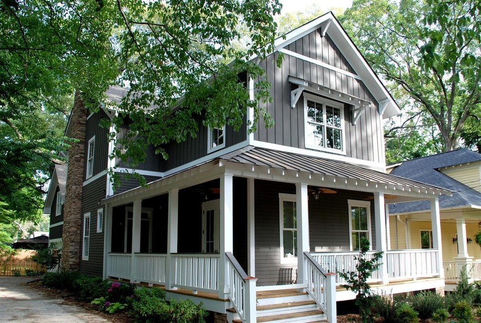 Mid-sized arts and crafts gray wood gable roof photo in Atlanta