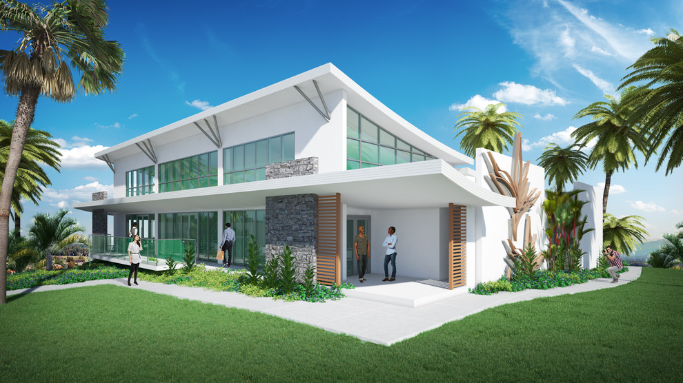 Idéer för att renovera ett stort tropiskt gult hus, med två våningar, glasfasad och tak i metall