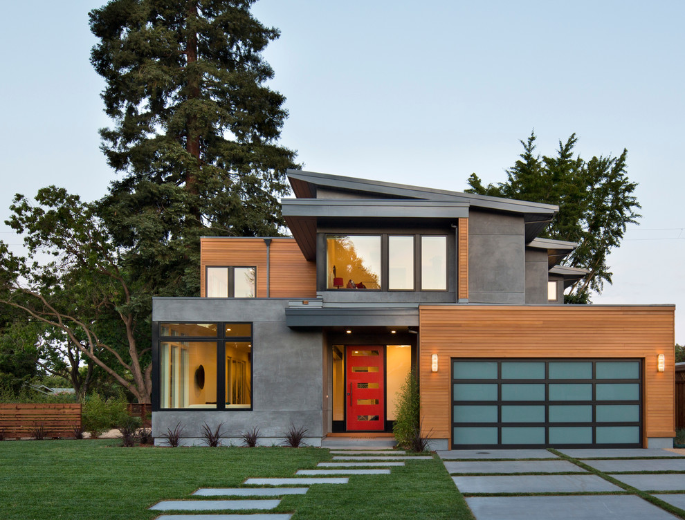 Zweistöckiges Modernes Haus mit grauer Fassadenfarbe, Mix-Fassade und Pultdach in San Francisco