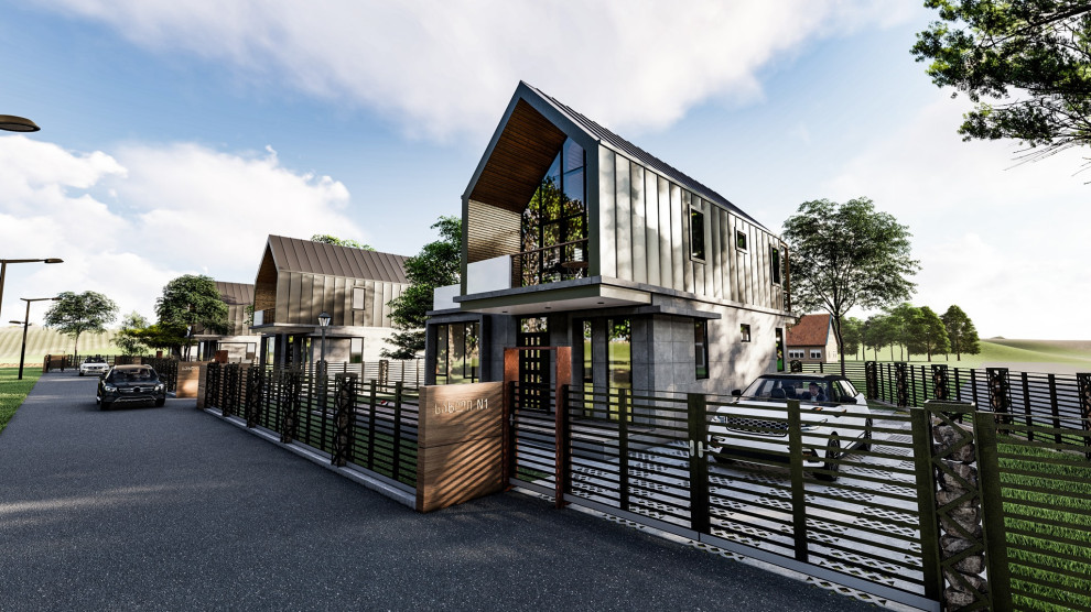 Inspiration för mellanstora moderna grå flerfamiljshus, med två våningar och tak i metall