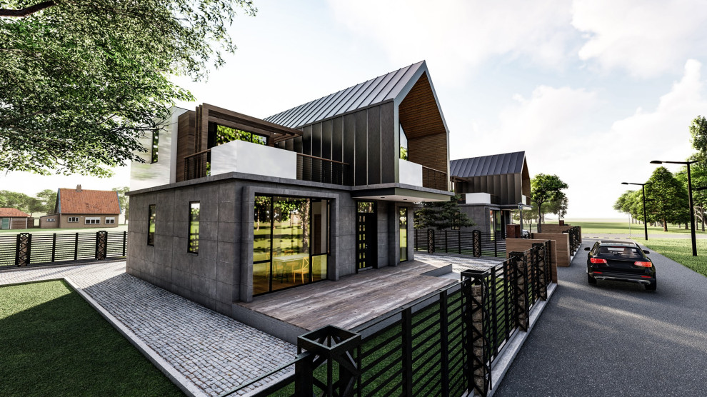Свежая идея для дизайна: двухэтажный, серый дуплекс среднего размера в стиле модернизм с крышей-бабочкой и металлической крышей - отличное фото интерьера
