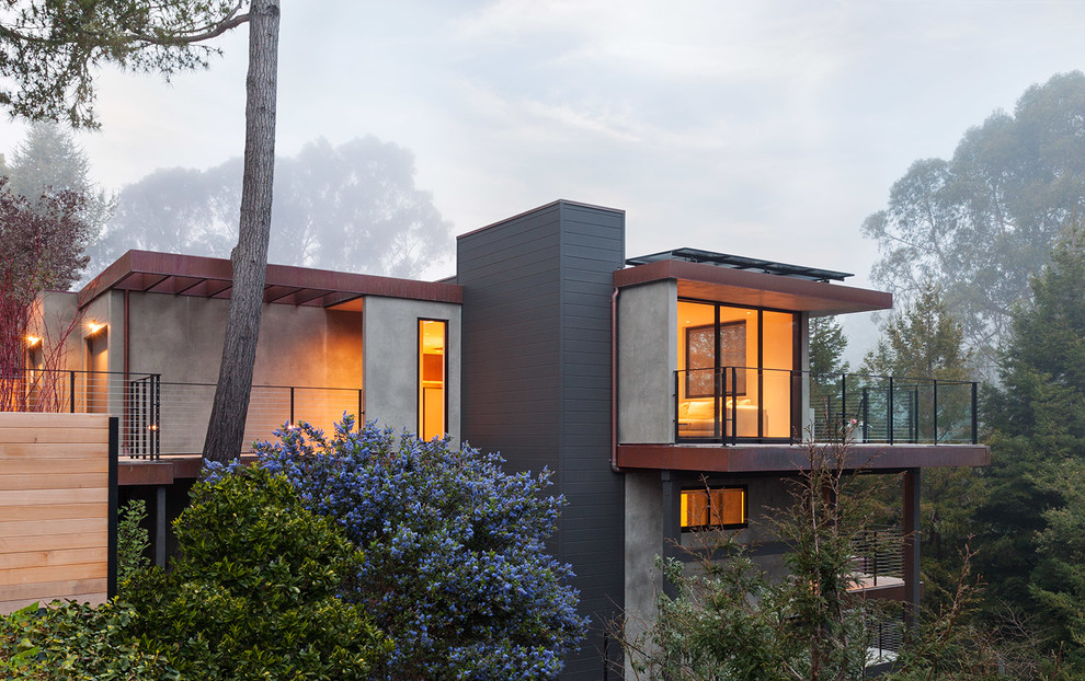 Идея дизайна: серый частный загородный дом в современном стиле с облицовкой из бетона и плоской крышей