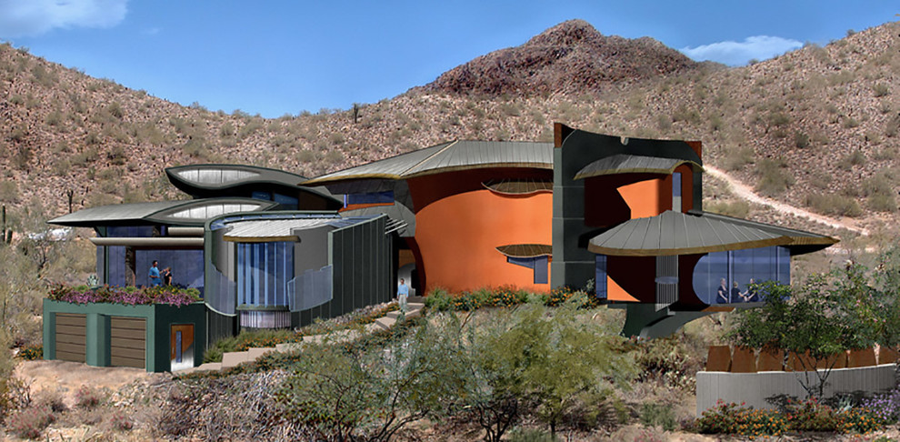 Стильный дизайн: двухэтажный, оранжевый частный загородный дом среднего размера в стиле модернизм с металлической крышей - последний тренд