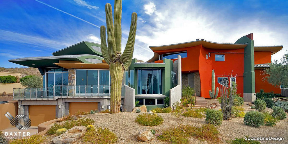 Источник вдохновения для домашнего уюта: двухэтажный, оранжевый частный загородный дом среднего размера в стиле модернизм с металлической крышей