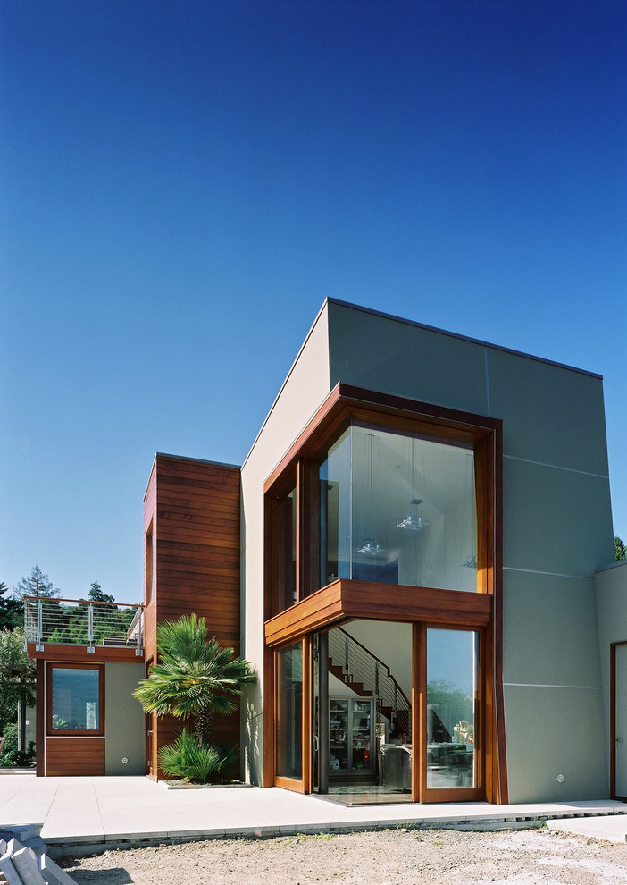 Modelo de fachada minimalista con revestimiento de madera