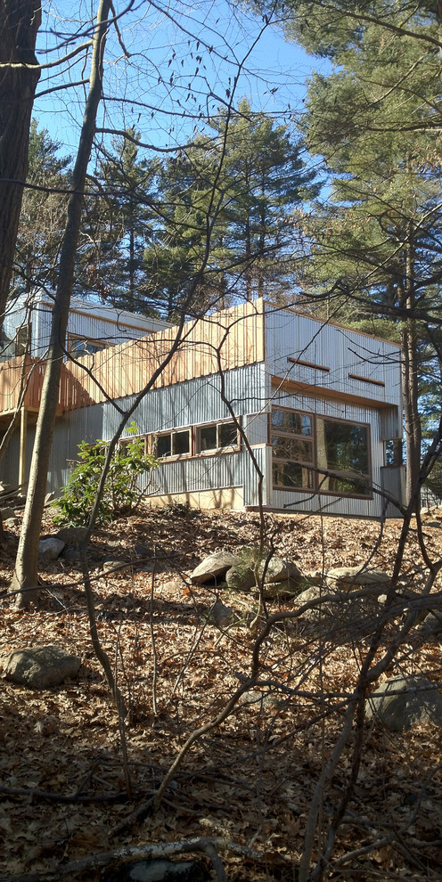 Стильный дизайн: одноэтажный, зеленый частный загородный дом среднего размера в стиле лофт с облицовкой из металла - последний тренд