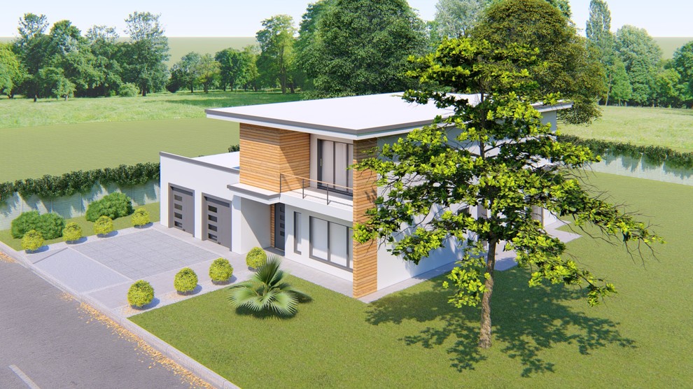 Modelo de fachada de casa blanca minimalista de tamaño medio de dos plantas con revestimiento de madera, tejado plano y tejado de varios materiales