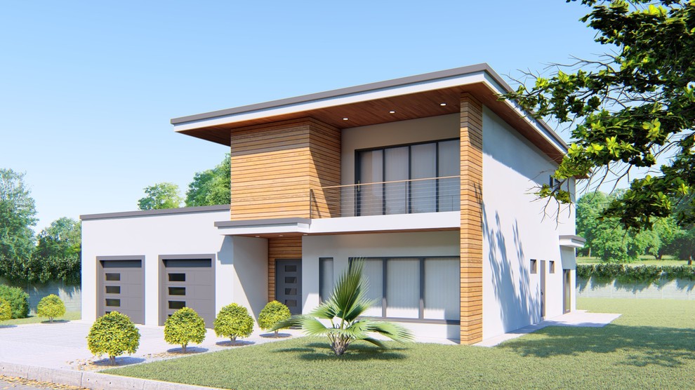 Идея дизайна: двухэтажный, деревянный, белый частный загородный дом среднего размера в стиле модернизм с плоской крышей и крышей из смешанных материалов