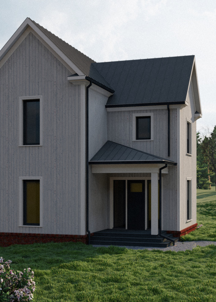Ispirazione per la villa bianca country a due piani di medie dimensioni con rivestimento in legno, tetto a capanna e copertura in metallo o lamiera