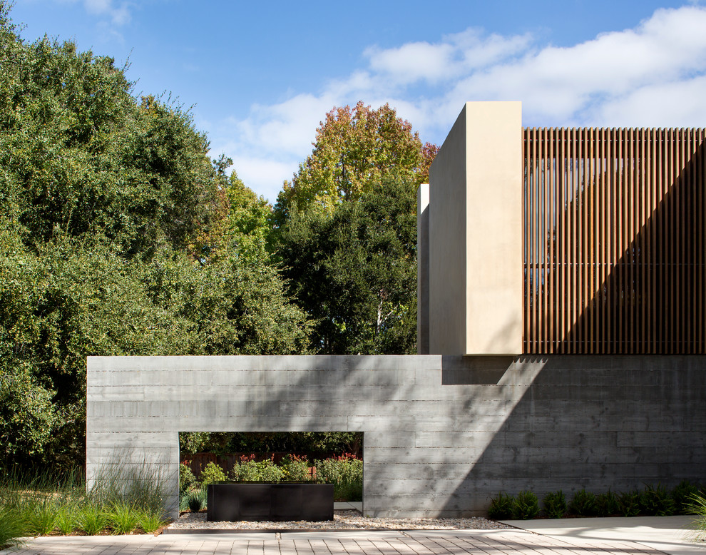 Réalisation d'une façade de maison grise minimaliste en stuc à un étage avec un toit plat.