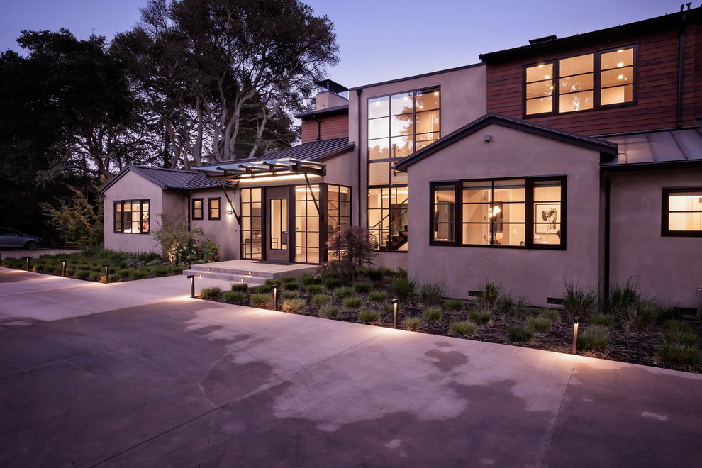 Example of a large minimalist multicolored two-story mixed siding exterior home design in San Francisco with a metal roof