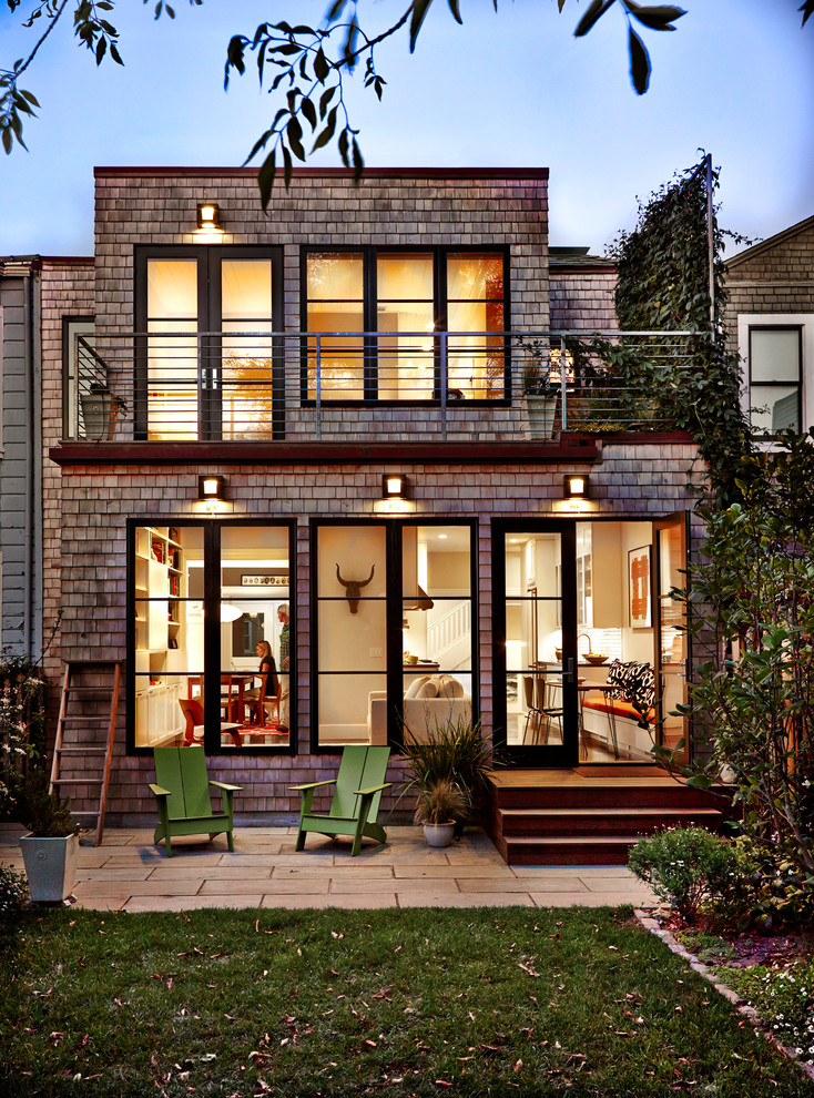 Large trendy two-story wood exterior home photo in San Francisco