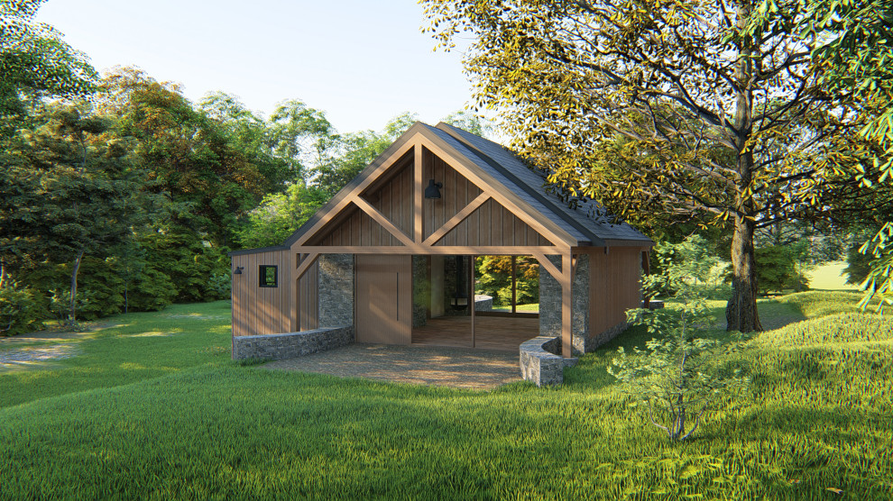 Idée de décoration pour une petite façade de maison marron champêtre en bois et planches et couvre-joints de plain-pied avec un toit à deux pans, un toit en shingle et un toit gris.