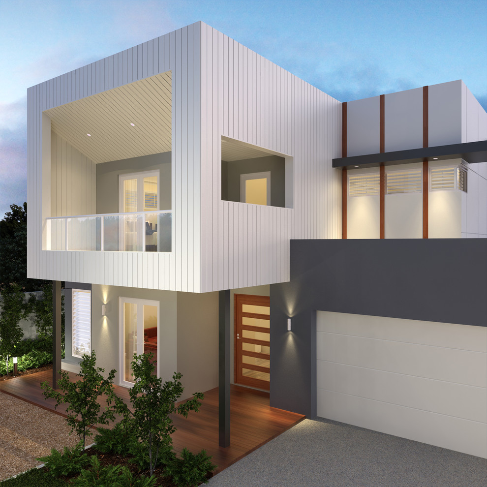 Свежая идея для дизайна: двухэтажный, белый дом в морском стиле с плоской крышей - отличное фото интерьера