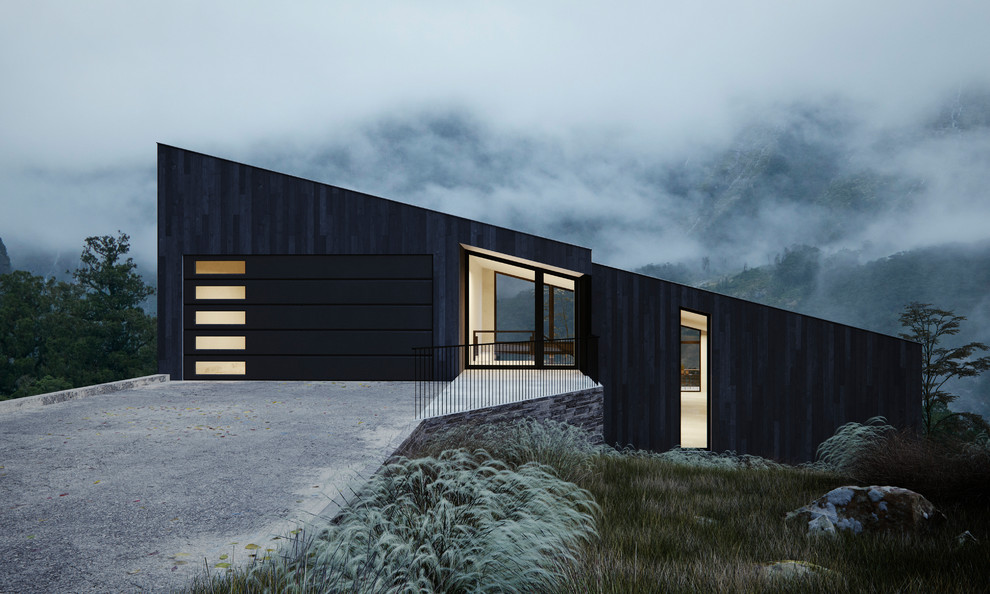 Esempio della facciata di una casa piccola nera contemporanea a tre piani con rivestimento in legno e copertura in metallo o lamiera