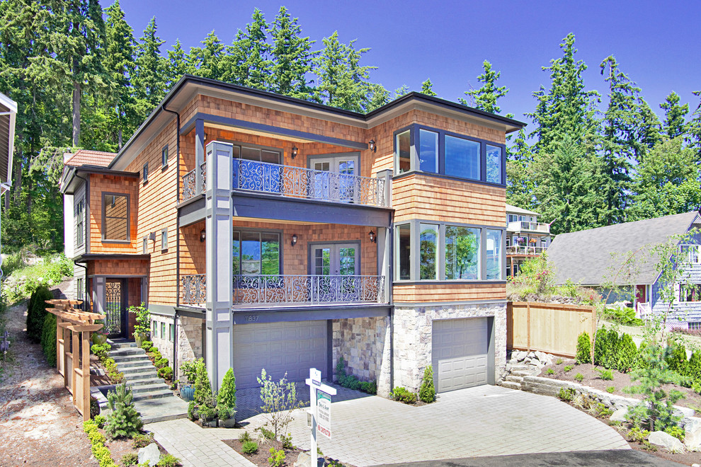 Beach style wood exterior home photo in Seattle
