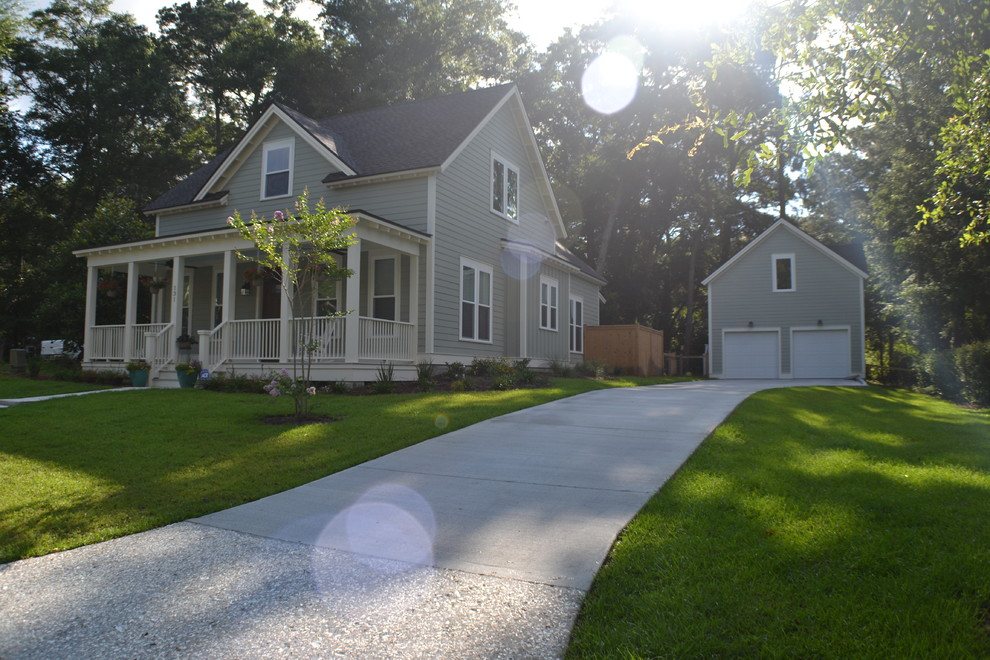 Mid-sized elegant gray two-story exterior home photo in Atlanta