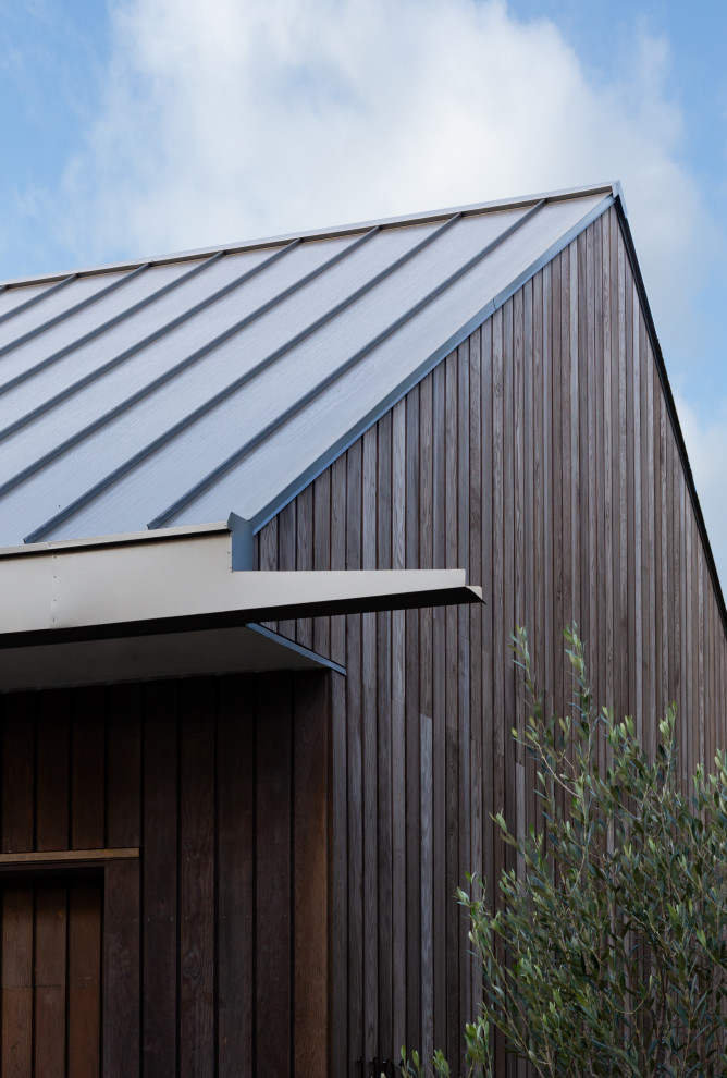 Cette photo montre une façade de maison moderne en bois à un étage avec un toit en métal.