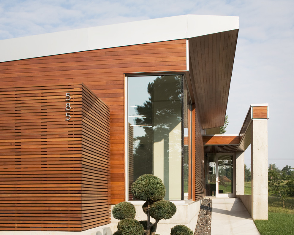 Идея дизайна: одноэтажный, стеклянный дом в стиле модернизм
