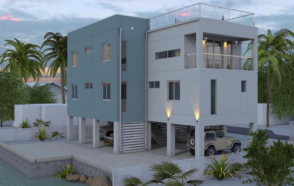 Стильный дизайн: большой, трехэтажный, белый частный загородный дом в стиле модернизм с плоской крышей - последний тренд
