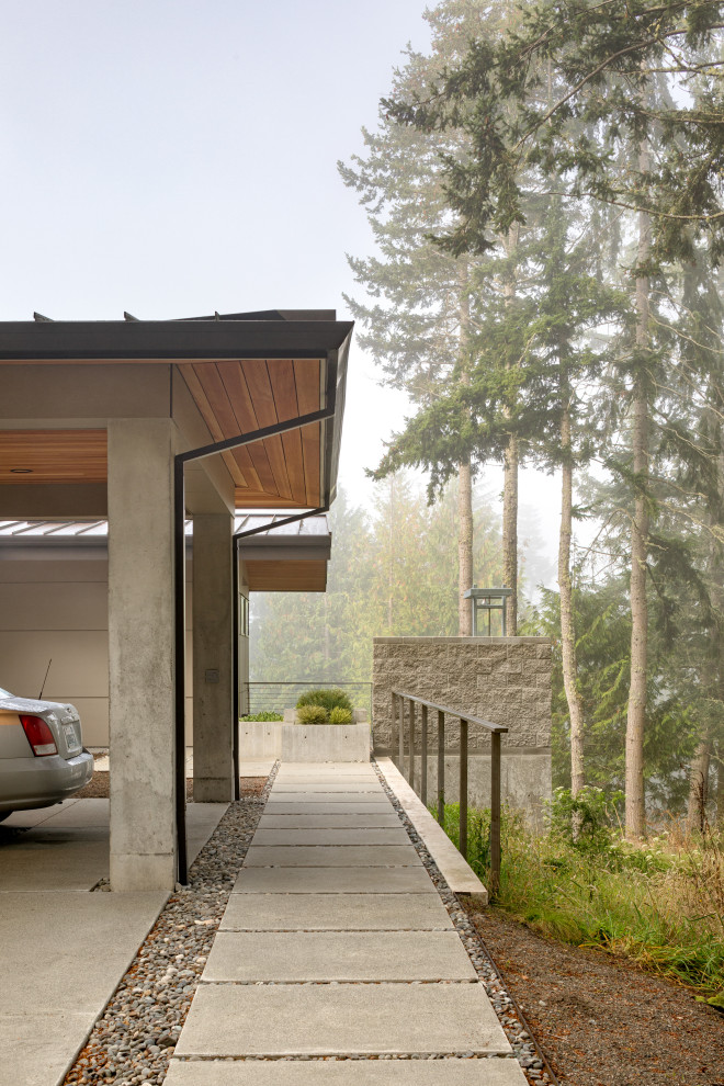 Modelo de fachada de casa beige y negra rústica de tamaño medio de dos plantas con revestimiento de aglomerado de cemento, tejado a dos aguas y tejado de metal