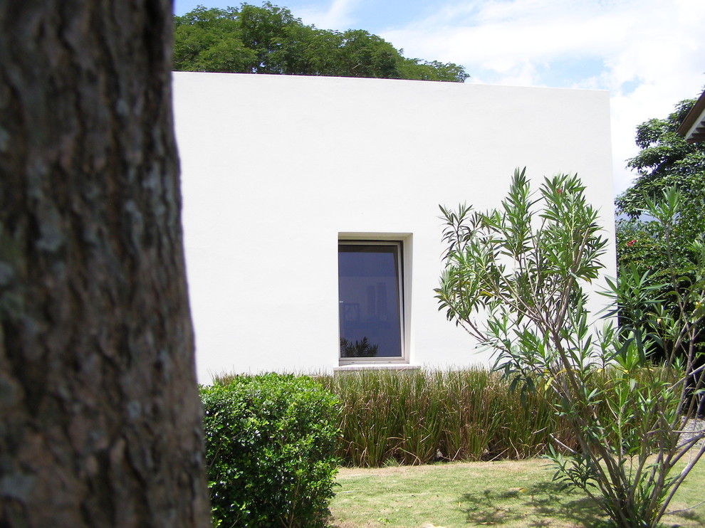 Inspiration pour une grande façade de maison blanche minimaliste en stuc à un étage avec un toit en appentis et un toit en tuile.