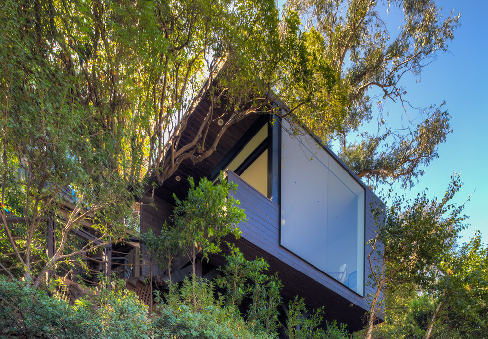 Kleines, Einstöckiges Modernes Haus mit schwarzer Fassadenfarbe und Flachdach in Los Angeles