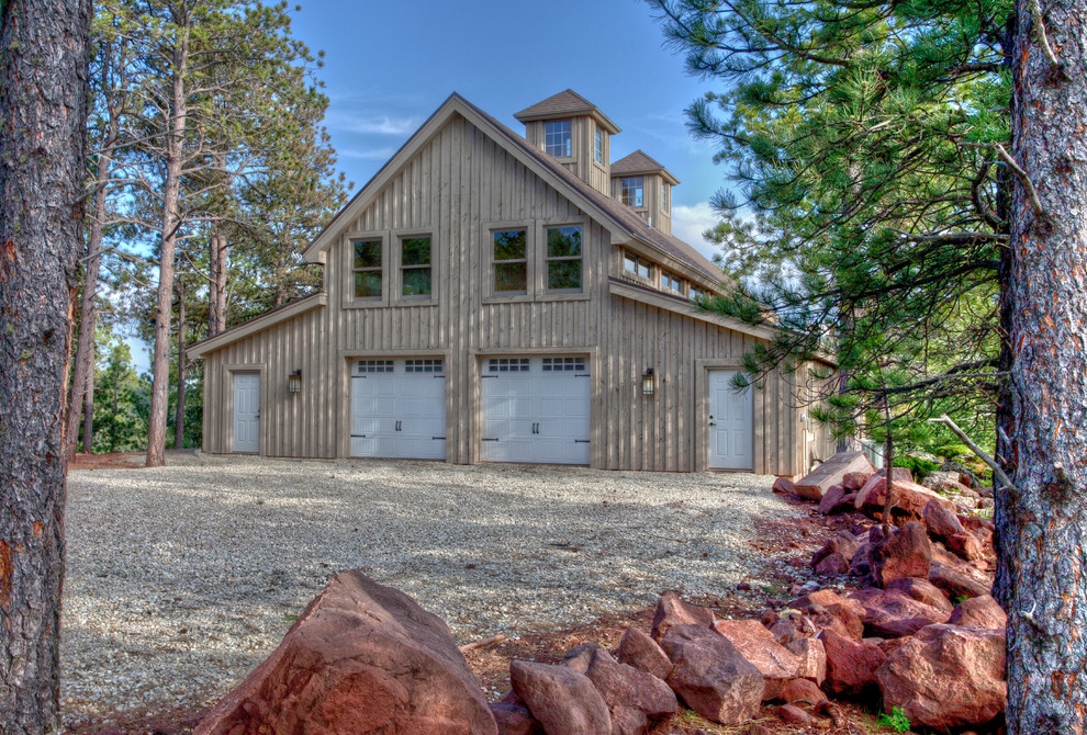 Mountain style wood exterior home photo in Other