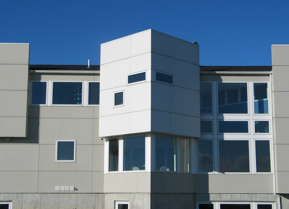 Стильный дизайн: двухэтажный, бежевый дом в стиле модернизм с облицовкой из ЦСП и двускатной крышей - последний тренд