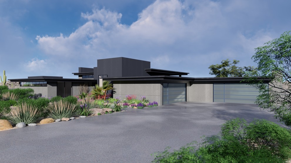 Idéer för stora funkis grå hus, med allt i ett plan, metallfasad, platt tak och tak i metall