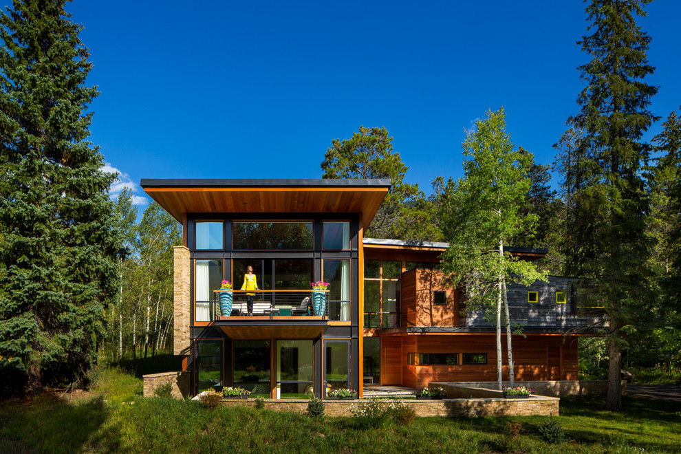 Diseño de fachada contemporánea de dos plantas con revestimiento de madera y tejado de un solo tendido