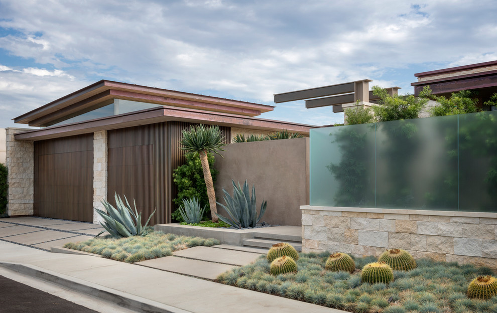 Contemporary house exterior in Orange County with stone cladding.