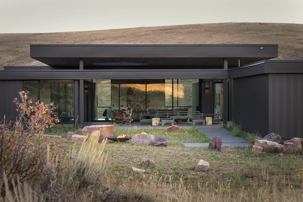 Источник вдохновения для домашнего уюта: одноэтажный, черный частный загородный дом среднего размера в стиле модернизм с облицовкой из металла и плоской крышей