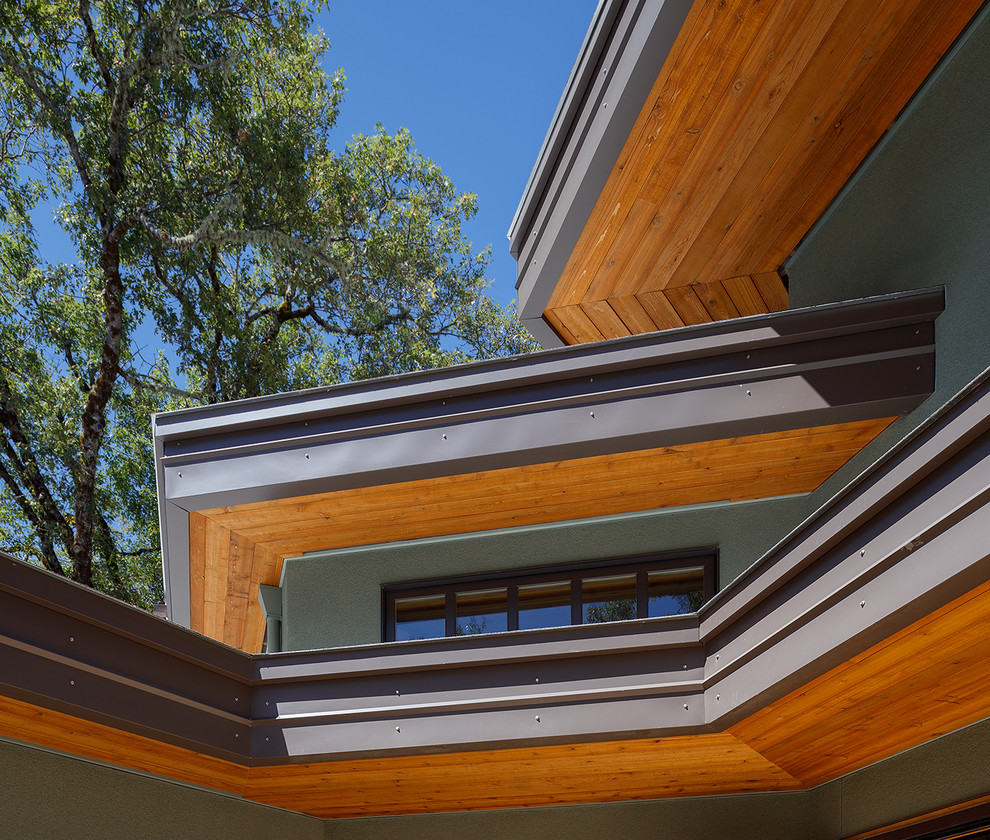 Inspiration pour une façade de maison verte design en stuc de taille moyenne et à un étage avec un toit plat et un toit mixte.