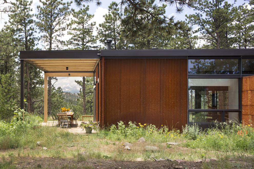 Mittelgroßes, Einstöckiges Modernes Einfamilienhaus mit Metallfassade und brauner Fassadenfarbe in Denver