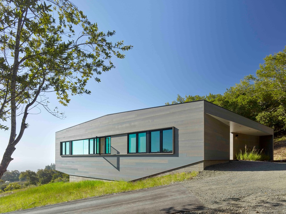 Свежая идея для дизайна: одноэтажный, деревянный, серый дом среднего размера в стиле модернизм с плоской крышей - отличное фото интерьера