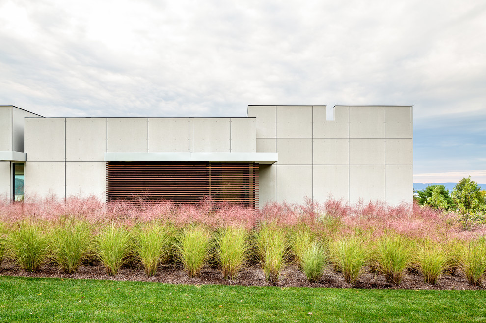 Modelo de fachada gris minimalista de una planta con revestimiento de aglomerado de cemento