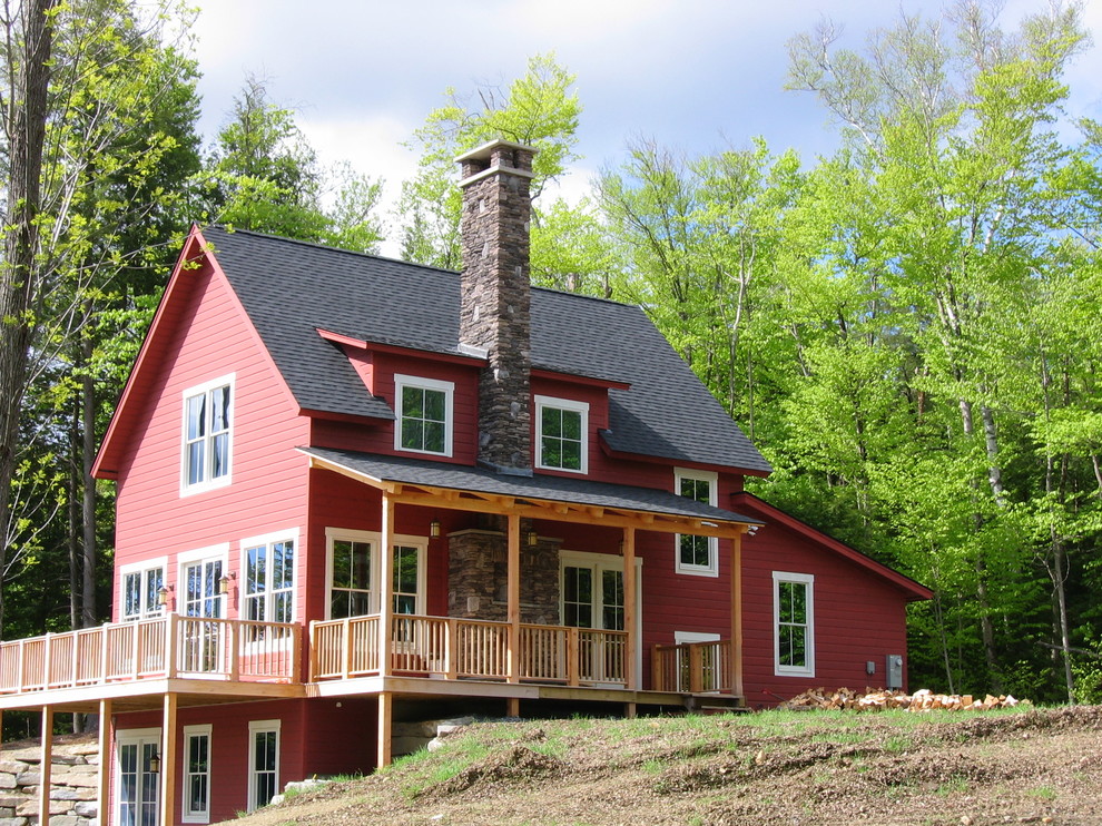 Diseño de fachada roja de estilo de casa de campo