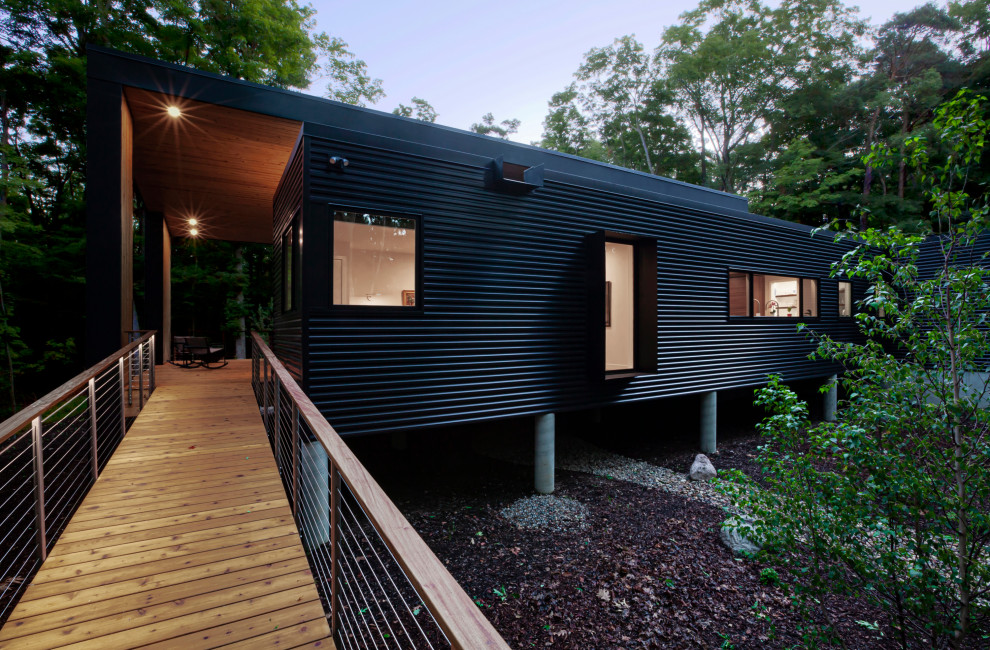 Пример оригинального дизайна: одноэтажный, черный частный загородный дом среднего размера в стиле ретро с облицовкой из металла и плоской крышей