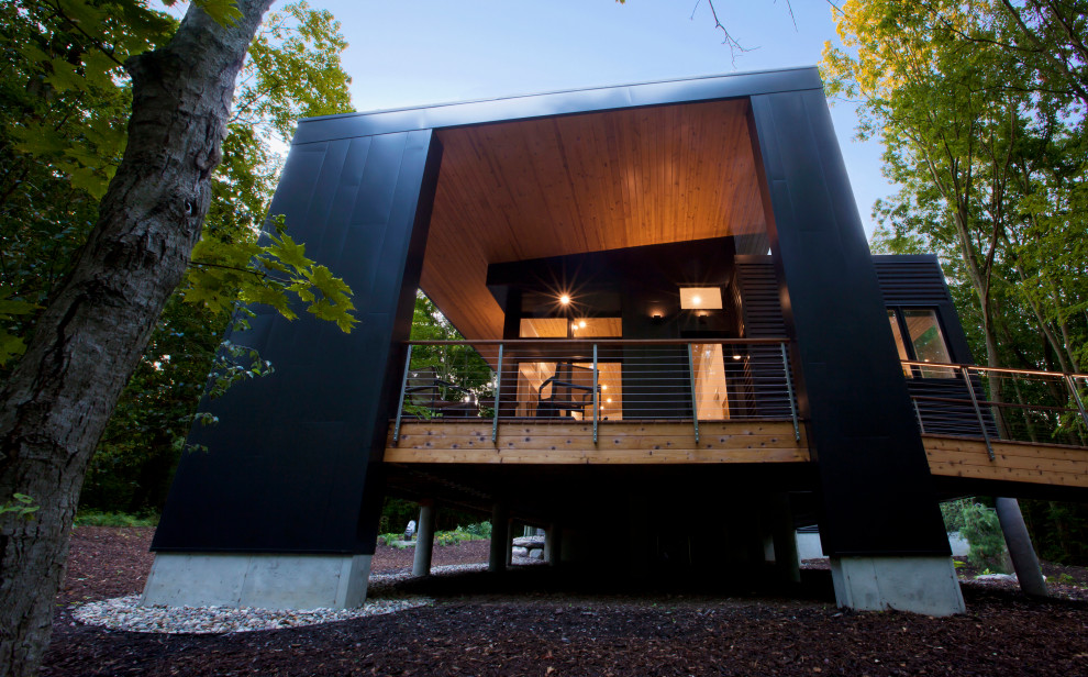 Mittelgroßes, Einstöckiges Retro Einfamilienhaus mit Metallfassade, schwarzer Fassadenfarbe, Pultdach, Blechdach und braunem Dach in Grand Rapids