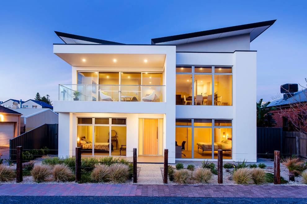 Large trendy white two-story metal exterior home photo in Adelaide