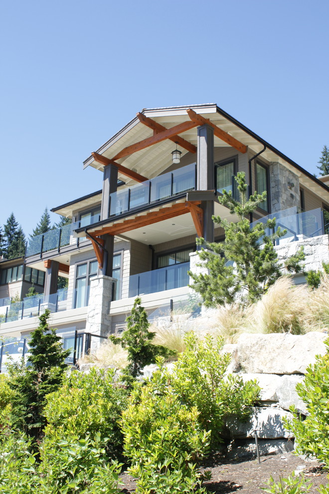 Contemporary beige three-story concrete fiberboard exterior home idea in Vancouver