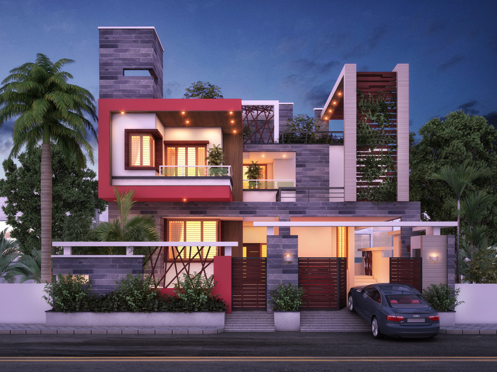 Design ideas for a modern house exterior in Chennai.