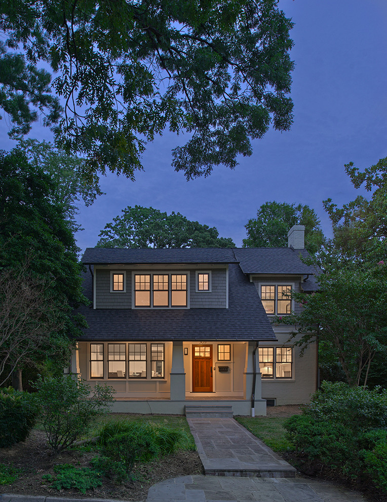 Example of a large arts and crafts gray three-story mixed siding exterior home design in DC Metro