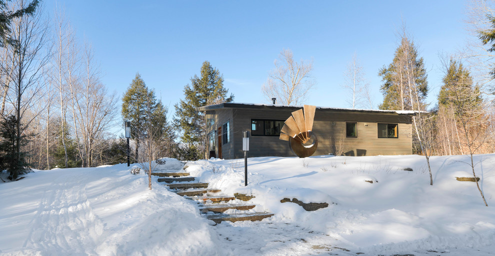 Idées déco pour une façade de maison marron moderne en bois de plain-pied et de taille moyenne avec un toit en appentis et un toit en métal.